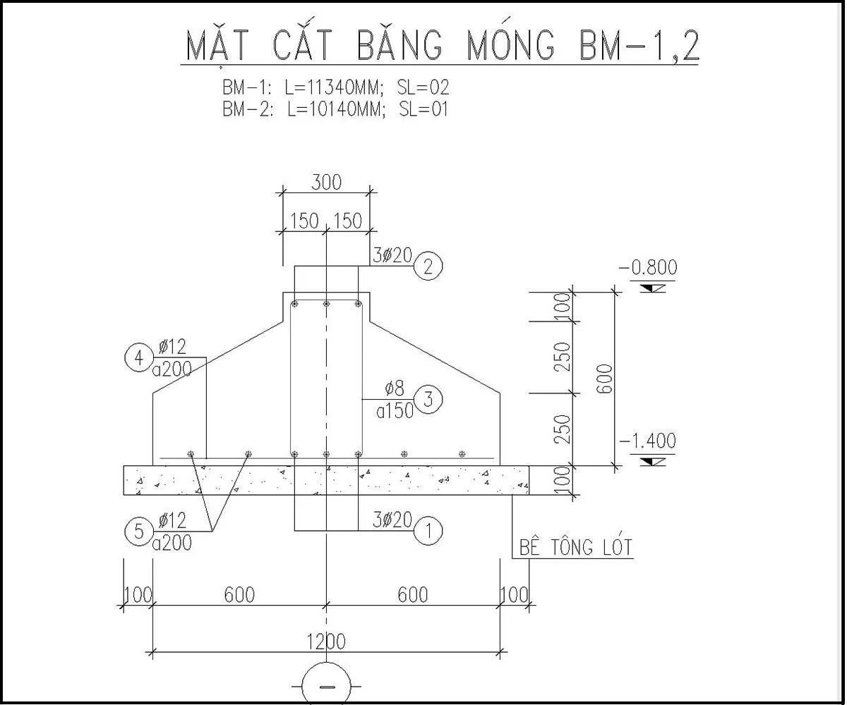 Bản vẽ chi tiết mặt cắt tường móng