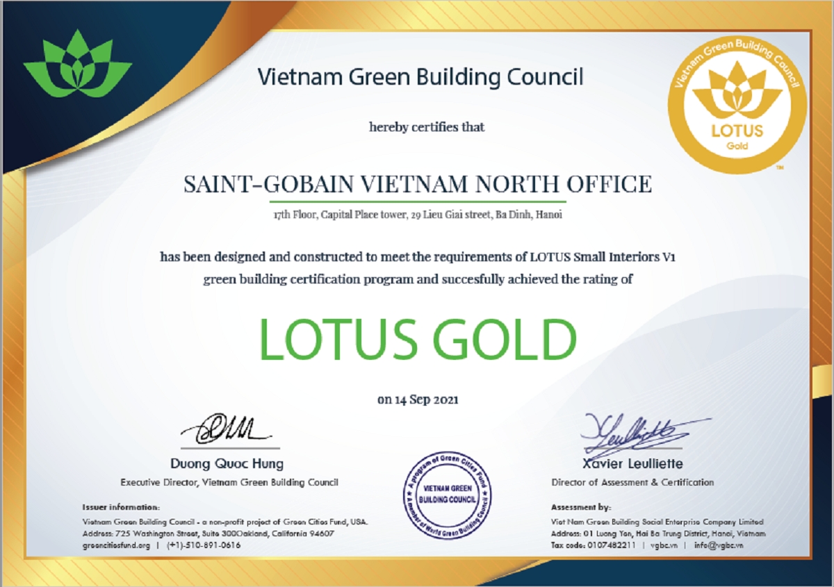 Chứng nhận Lotus Gold Văn Phòng Phía Bắc Công Ty Saint-Gobain Việt Nam