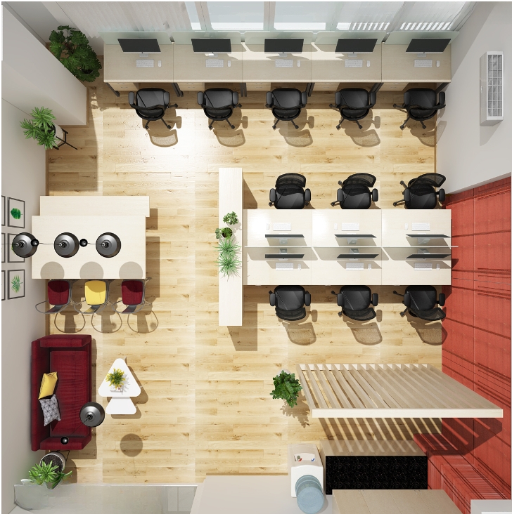 Layout văn phòng 40m2 mở kết hợp vách ngăn pantry