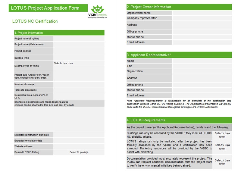 Mẫu đăng ký dự án theo chuẩn công trình xanh Lotus