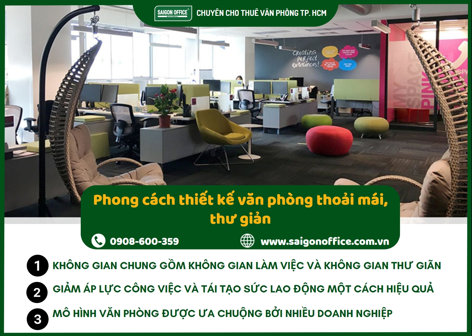 Phong cách thiết kế văn phòng thoải mái, thư giản