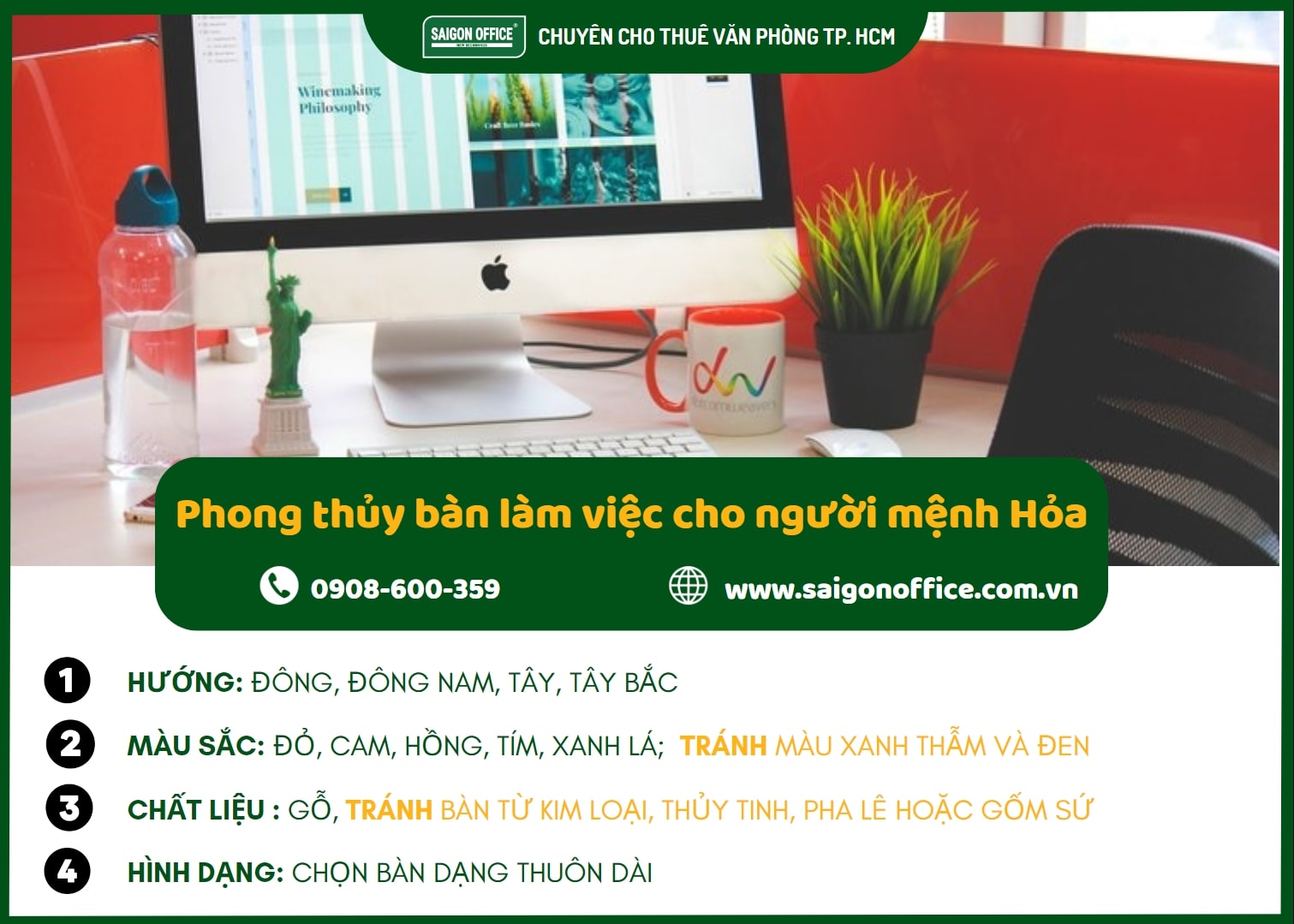 4 nguyên tắc phong thủy bàn làm việc cho người mệnh hỏa