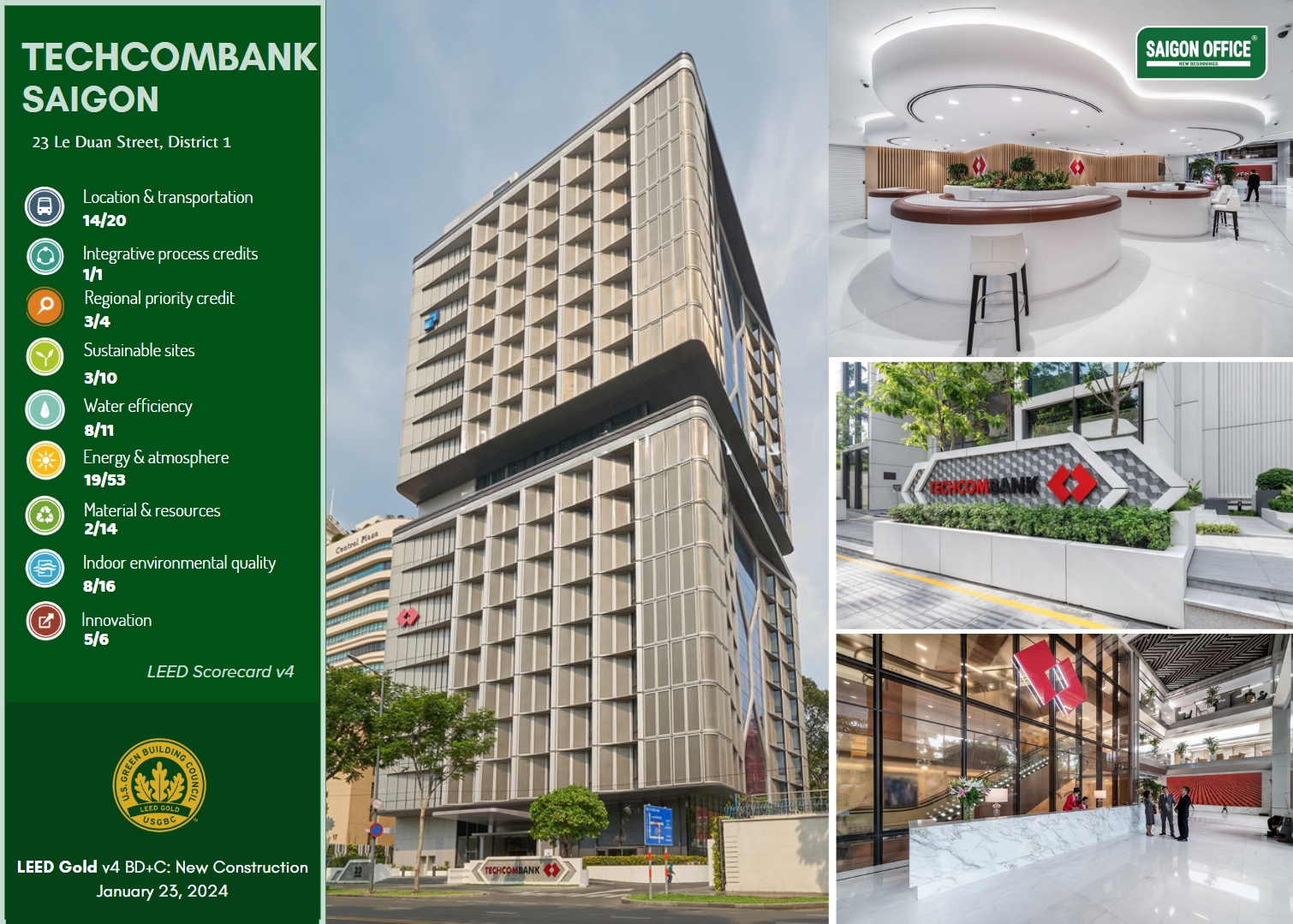 Trụ sở chính của Techcombank tại TPHCM được xây dựng theo chuẩn LEED Gold