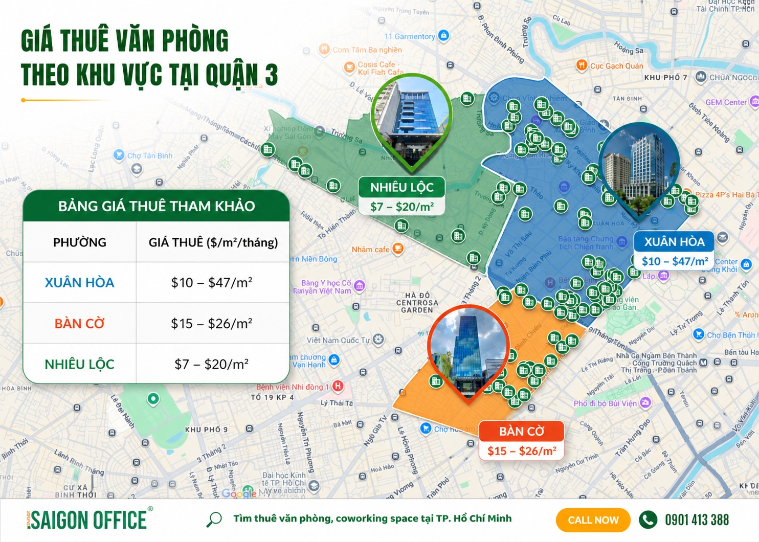 Giá thuê văn phòng Quận 3 phân bổ theo phường mới